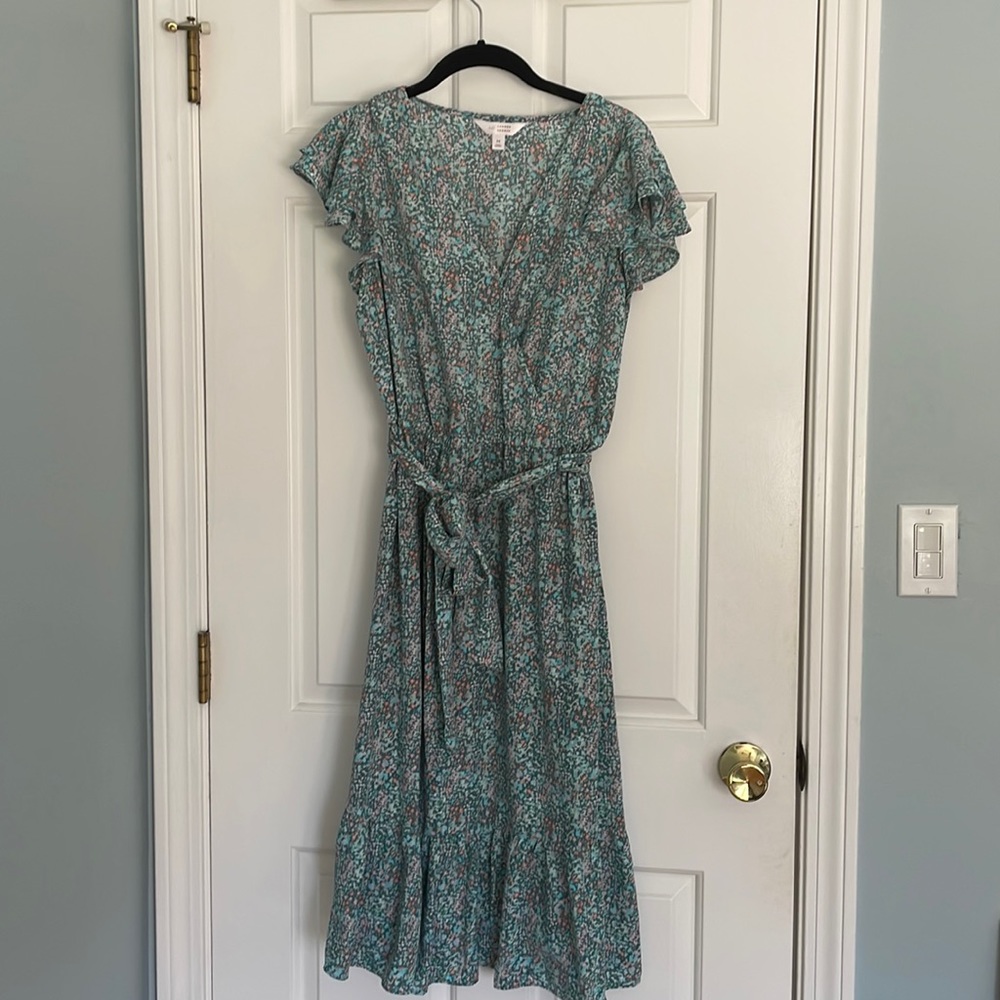 Flutter Sleeve Faux-Wrap Dress, elastic waist with belt and ruffle, floral print